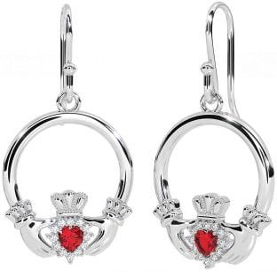 Diamond Ruby White Gold Claddagh Dangle Earrings