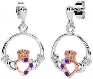 Diamond Amethyst Rose Gold Silver Claddagh Dangle Earrings