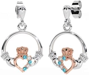 Diamond Aquamarine Rose Gold Silver Claddagh Dangle Earrings