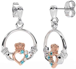 Diamond Aquamarine Rose Gold Silver Claddagh Dangle Earrings