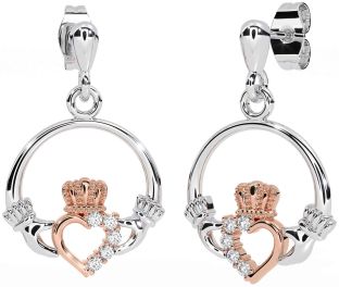 Diamond Rose Gold Silver Claddagh Dangle Earrings