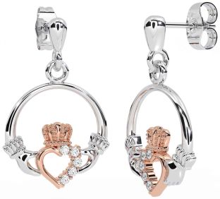 Diamond Rose Gold Silver Claddagh Dangle Earrings