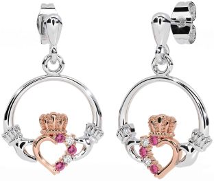 Turmalina roz diamant Claddagh Dangle aur roz argint Cercei