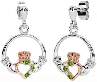 Diamant Peridot Ružové Zlato Strieborná Claddagh Visieť Náušnice