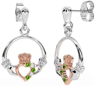 Diamond Peridot Rose Gold Silver Claddagh Dangle Earrings