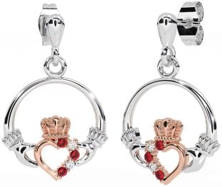 Diamond Ruby Rose Gold Silver Claddagh Dangle Earrings