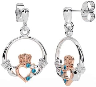 Diamond Topaz Rose Gold Silver Claddagh Dangle Earrings