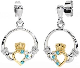 Diamond Aquamarine Gold Silver Claddagh Dangle Earrings