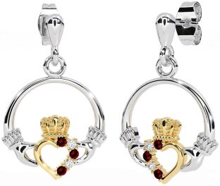 Diamond Garnet Gold Silver Claddagh Dangle Earrings