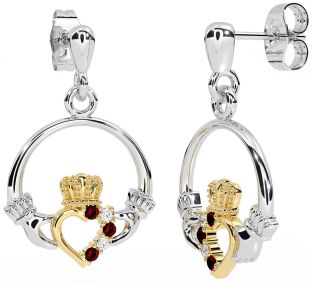 Diamond Garnet Gold Silver Claddagh Dangle Earrings