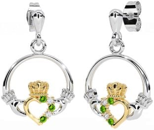 Diamond Peridot Gold Silver Claddagh Dangle Earrings