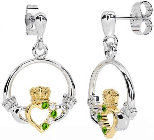 Diamond Peridot Gold Silver Claddagh Dangle Earrings