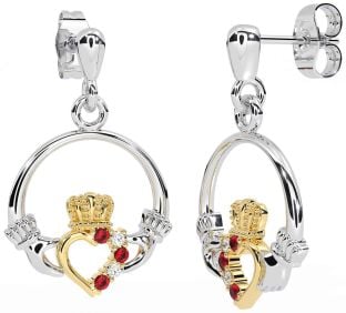 Diamond Ruby Gold Silver Claddagh Dangle Earrings