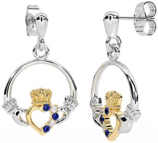 Diamond Sapphire Gold Silver Claddagh Dangle Earrings