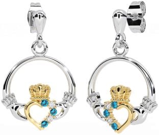 Diamond Topaz Gold Silver Claddagh Dangle Earrings