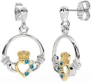 Diamond Topaz Gold Silver Claddagh Dangle Earrings