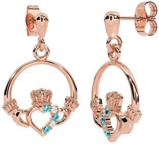 Diamond Aquamarine Rose Gold Silver Claddagh Dangle Earrings