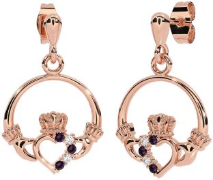 Diamond Alexandrite Rose Gold Silver Claddagh Dangle Earrings