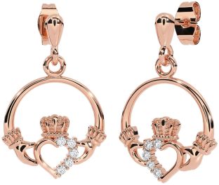 Diamond Rose Gold Silver Claddagh Dangle Earrings