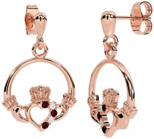 Diamond Garnet Rose Gold Silver Claddagh Dangle Earrings