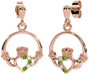 Diamond Peridot Rose Gold Silver Claddagh Dangle Earrings