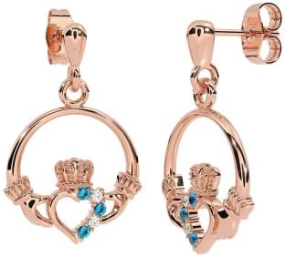 Diamond Topaz Rose Gold Silver Claddagh Dangle Earrings