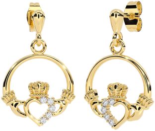Diamond Gold Silver Claddagh Dangle Earrings