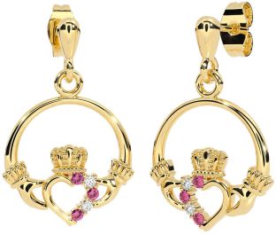 Diamond Pink Tourmaline Gold Silver Claddagh Dangle Earrings