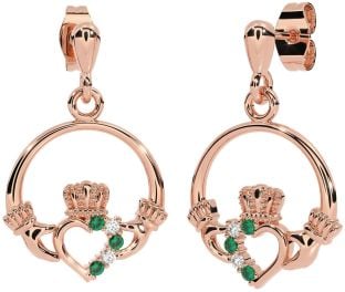 Diamond Emerald Rose Gold Claddagh Dangle Earrings