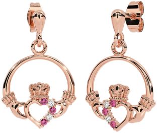 Diamante Rosa Tormalina Rosa Oro Claddagh Penzolare Orecchini