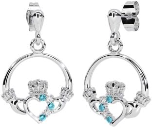 Diamond Aquamarine Silver Claddagh Dangle Earrings