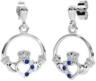 Diamond Sapphire Silver Claddagh Dangle Earrings