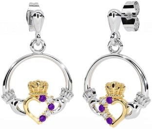 Diamant Amethyst Weiß Gelb Gold Claddagh Baumeln Ohrringe