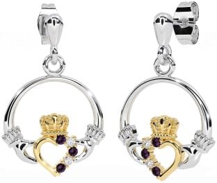 Diamond Alexandrite White Yellow Gold Claddagh Dangle Earrings