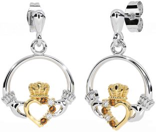 Diamant Citrin Weiß Gelb Gold Claddagh Baumeln Ohrringe