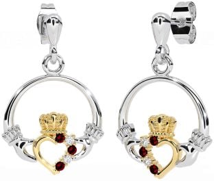 Diamond Garnet White Yellow Gold Claddagh Dangle Earrings