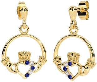 Diamond Sapphire Gold Claddagh Dangle Earrings