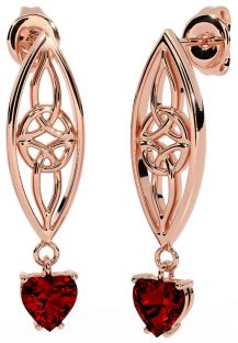 Garnet Rose Gold Silver Celtic Dangle Earrings