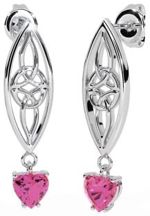 Pink Tourmaline White Gold Celtic Dangle Earrings