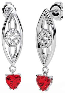 Ruby White Gold Celtic Dangle Earrings