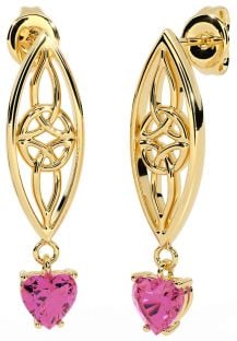 Pink Tourmaline Gold Celtic Dangle Earrings