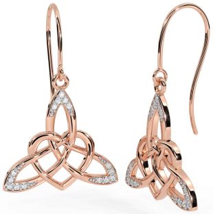 Diamond Rose Gold Silver Celtic Trinity Knot Heart Dangle Earrings