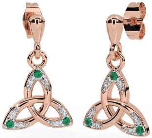 Diamond Emerald Rose Gold Silver Celtic Trinity Knot Dangle Earrings
