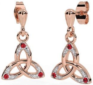 Diamond Ruby Rose Gold Silver Celtic Trinity Knot Dangle Earrings