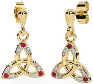 Diamond Ruby Gold Silver Celtic Trinity Knot Dangle Earrings