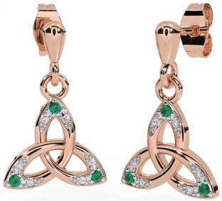 Diamond Emerald Rose Gold Celtic Trinity Knot Dangle Earrings