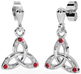 Diamond Ruby Silver Celtic Trinity Knot Dangle Earrings