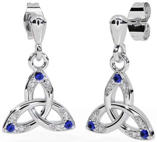 Diamond Sapphire Silver Celtic Trinity Knot Dangle Earrings