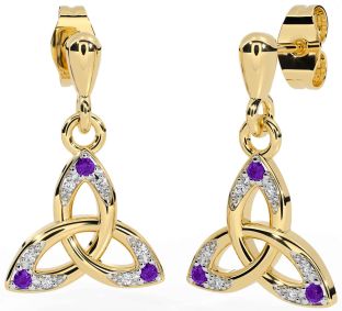 Diamond Amethyst Gold Celtic Trinity Knot Dangle Earrings
