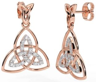 Diamond Rose Gold Silver Celtic Trinity Knot Dangle Earrings